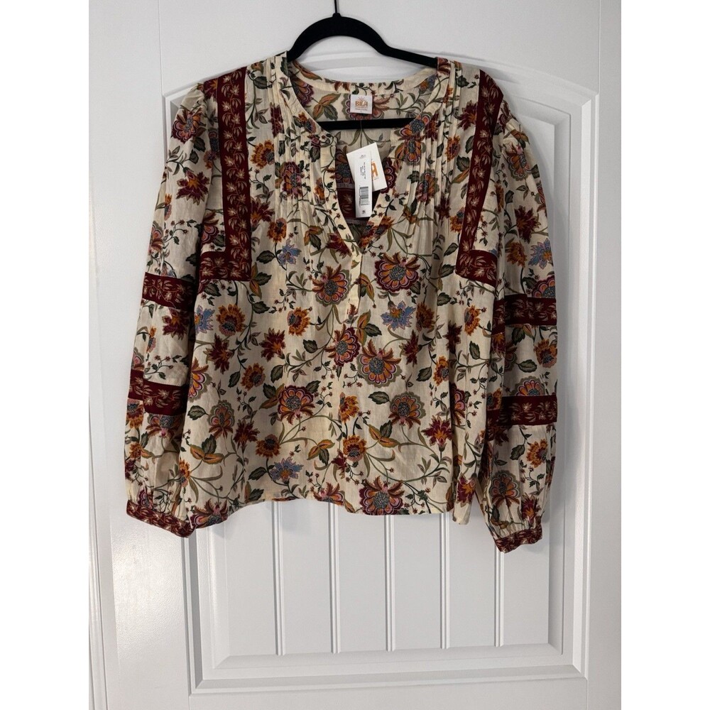 BILA Womens Valley Top Large Floral Boho Peasant Blouse 100% Cotton NWT